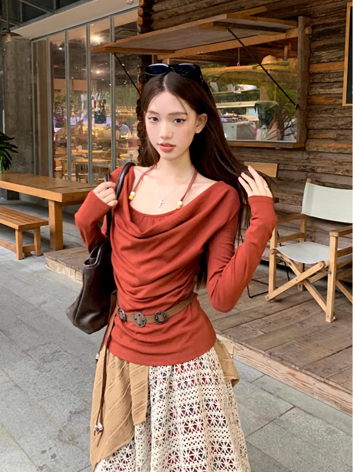 Fairy outfit two-piece suit design halter neck t-shirt fake two-piece plaid skirt suit R1699