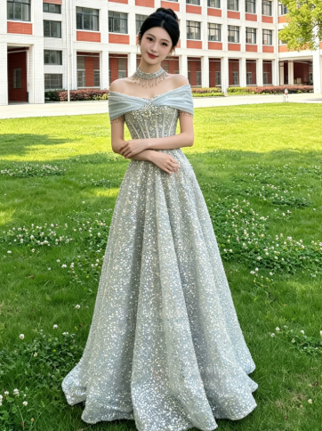 French Chic Mint Green A-Line Bateau Sequin Corset Maxi Quinceanera Dress Evening Dress RS338