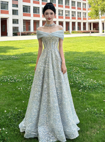 French Chic Mint Green A-Line Bateau Sequin Corset Maxi Quinceanera Dress Evening Dress RS338