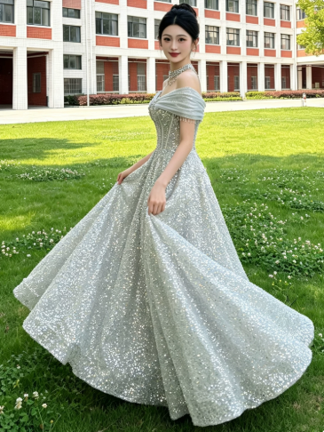 French Chic Mint Green A-Line Bateau Sequin Corset Maxi Quinceanera Dress Evening Dress RS338
