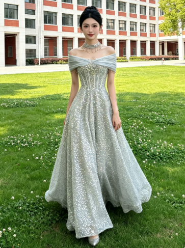 French Chic Mint Green A-Line Bateau Sequin Corset Maxi Quinceanera Dress Evening Dress RS338