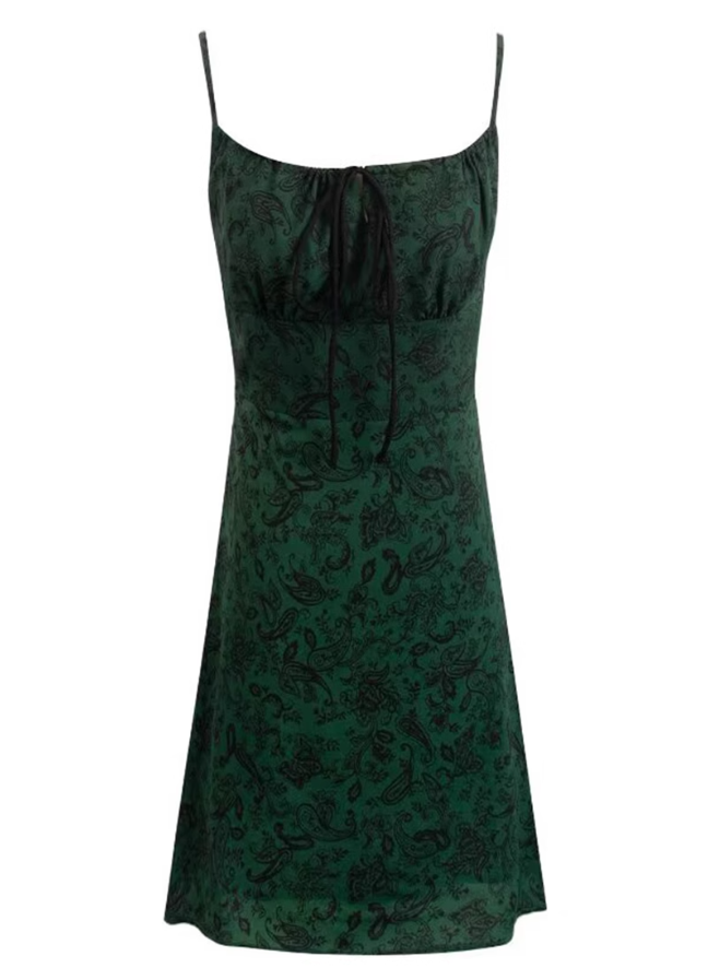 2025 Summer New Retro Sexy Floral Green A-line Short Suspender Dress R0934