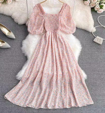 2025 new first love skirt square neck floral chiffon skirt tea break forest platycodon skirt a-line dress R0339