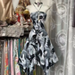Retro floral print strapless waist-cinching fitted midi ball gown with an asymmetrical hem R7855