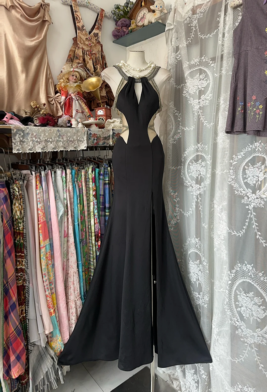Black suspenders, slim waist, revealing backpack hips, sexy fishtail maxi dress, ball gown R6190