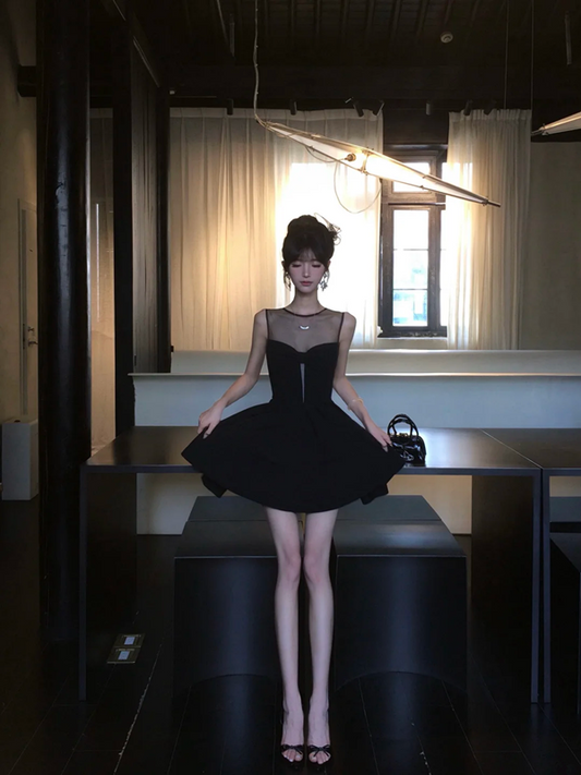Black sleeveless slim waist tutu short homecoming dress R5058