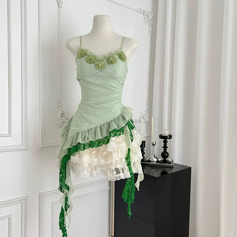 Green suspenders slim waist irregular skirt short skirt homecoming dress R5279
