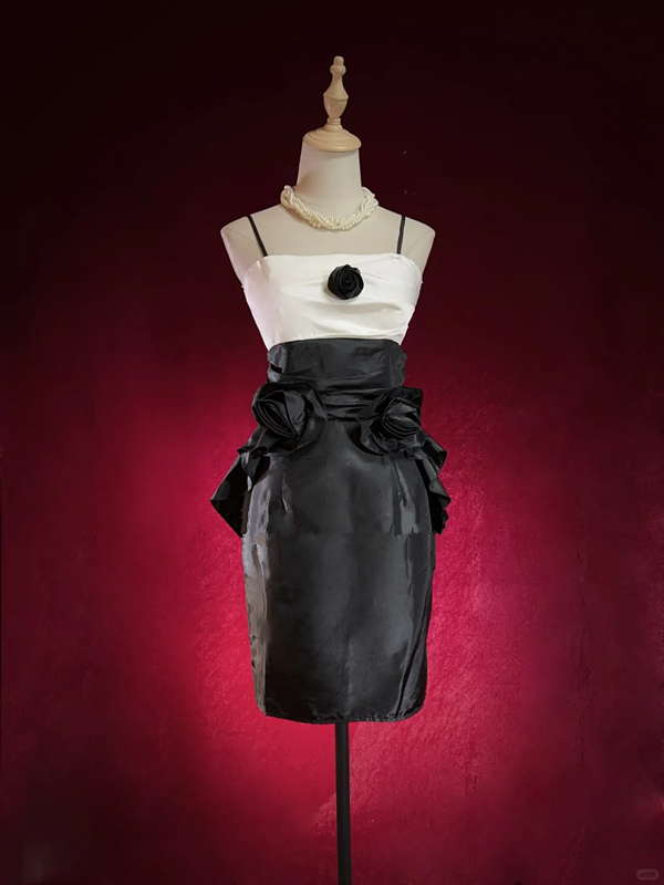 Black suspender skirt, white tube top, waist and hip sexy short skirt, homecoming dress R4977