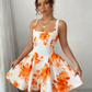 White background printed halter waist slim A-line short skirt homecoming dress R3210