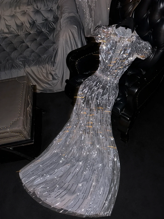 Silver sequined round neck fitted waist long ball gown, bridal dress R8785