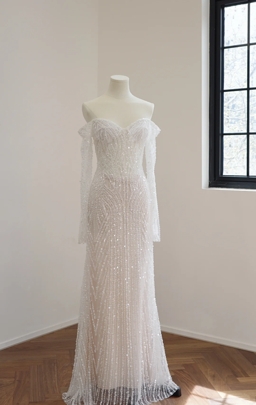 White off-the-shoulder, fitted waist, rhinestone-embellished long ball gown R8474