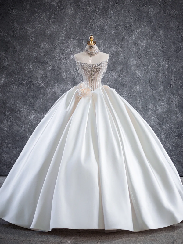 White Strapless Diamond Top Satin Tutu Skirt Bridal Dress R5794