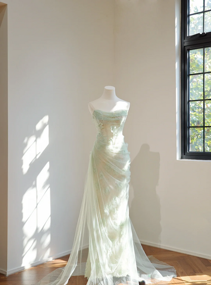 Light green strapless fitted long ball gown R8444