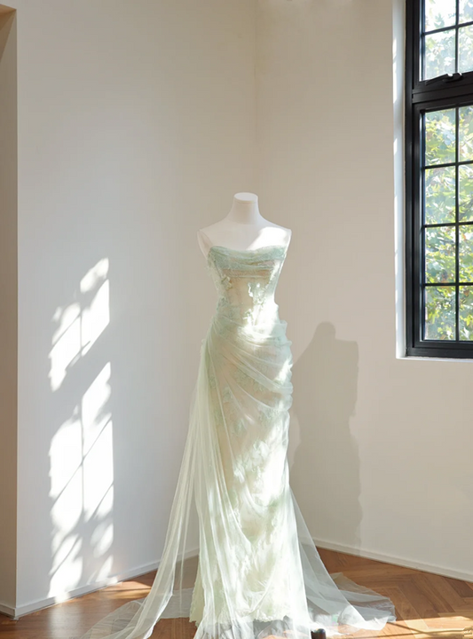 Light green strapless fitted long ball gown R8444