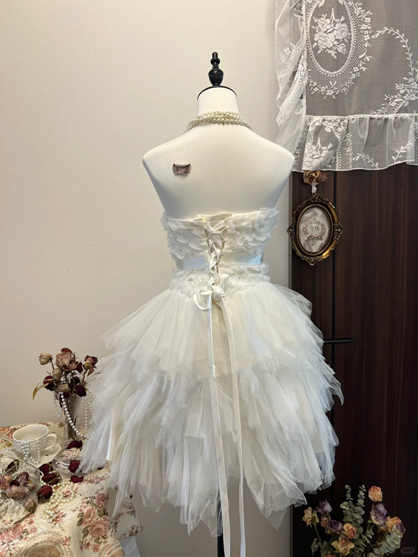 White tube top waist sexy three-dimensional flower design irregular skirt tulle skirt homecoming dress R4287