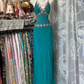 Deep lake green halter-neck fitted long ball gown R7816