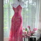 Pink floral print halter-neck fitted long ball gown R7624