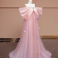 Light pink off-the-shoulder bow neckline straight long ball gown, bridal dress R8327