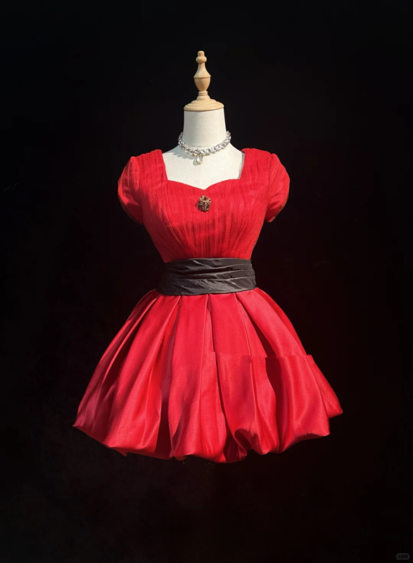 Red short-sleeved square collar waist slim fit short dress homecoming dress R4896