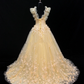 Light yellow square neckline fitted waist puff skirt long ball gown R8696