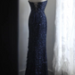 Navy blue strapless, fitted waist, sequined, sexy long ball gown R6788