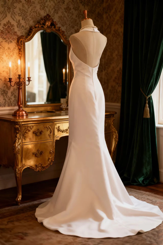 White halter-neck fitted long ball gown R6709