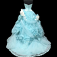 Light blue strapless ball gown with a cinched waist and a voluminous puffy skirt; bridal gown R7301