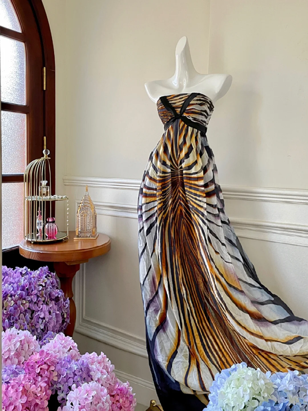 Tiger striped strapless sexy high-waisted elegant long ball gown R6948