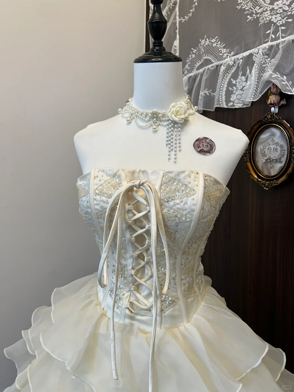 White tube top waist slim embroidery beautiful cake layer tulle skirt princess skirt homecoming dress R4327