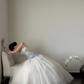 White strapless, waist‑cinched, light blue printed, full‑skirted prom dress R7974