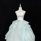 White strapless fitted waist, light green tulle skirt, long ball gown R9055