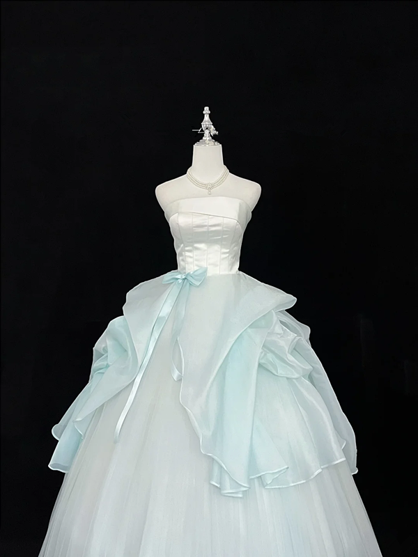 White strapless fitted waist, light green tulle skirt, long ball gown R9055
