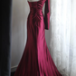 Deep red one-shoulder long-sleeved fitted satin ball gown, bridal dress R6828