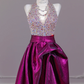 Rhinestone halter neck bodice, fuchsia long ball gown R8269