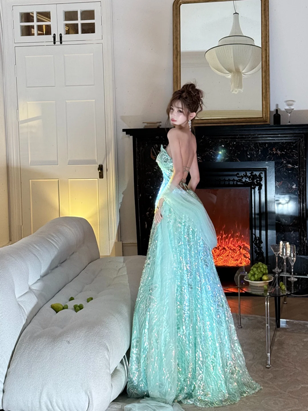 Light green strapless fitted waist sexy long ball gown R7068