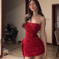 Red strapless fitted waist slim hips sexy short ball gown R7548