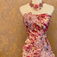 Pink Floral Print Strapless Waist-Cinched Elegant Floor-Length Ball Gown, Bridal Gown R7354