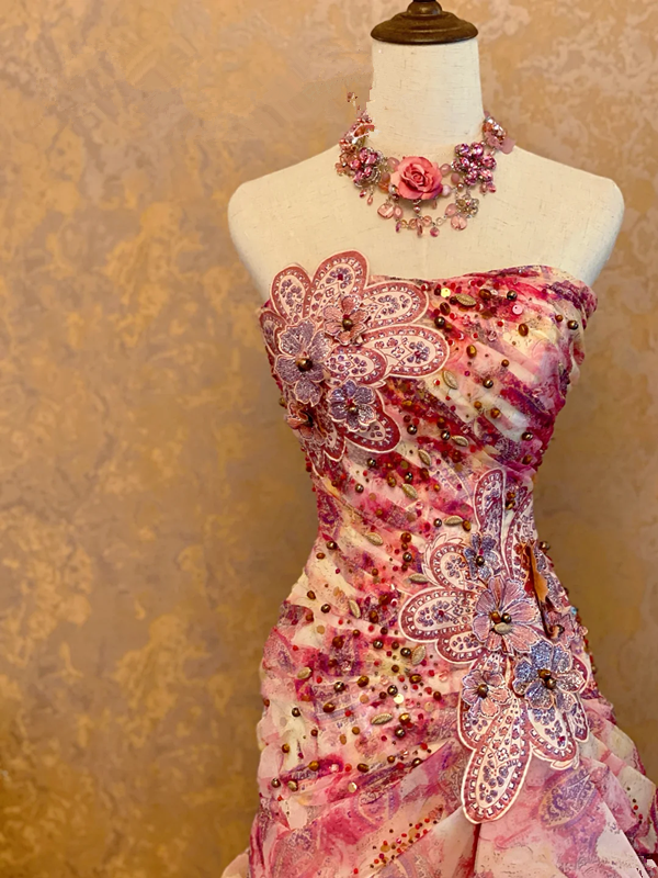 Pink Floral Print Strapless Waist-Cinched Elegant Floor-Length Ball Gown, Bridal Gown R7354