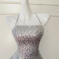 Silver sequined suspenders waist open back sexy A-line mini skirt homecoming dress R5018
