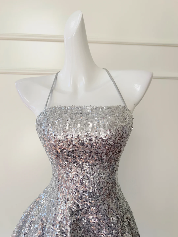 Silver sequined suspenders waist open back sexy A-line mini skirt homecoming dress R5018