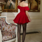 Red one-shoulder hollow design slim waist A-line long skirt short skirt homecoming dress R4407