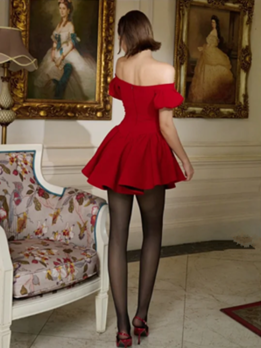 Red one-shoulder hollow design slim waist A-line long skirt short skirt homecoming dress R4407