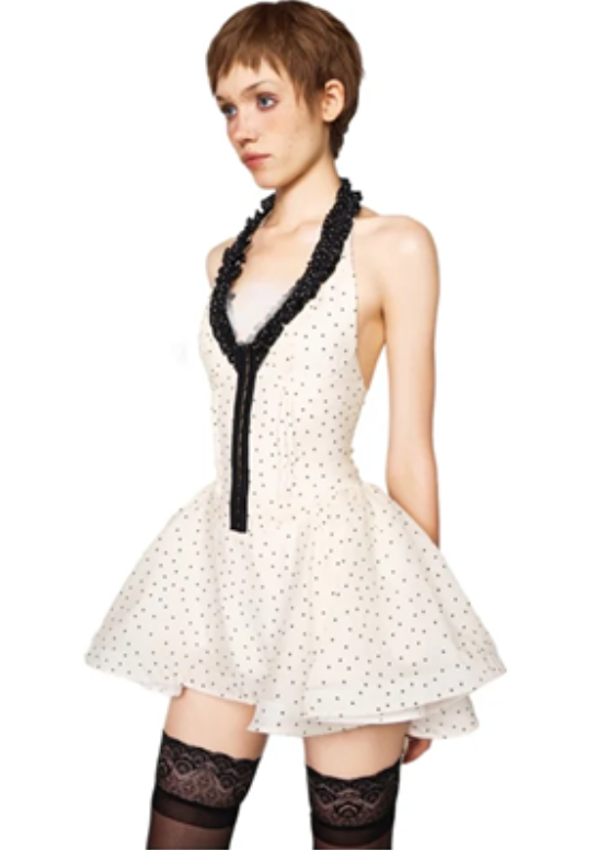 White halterneck polka dot waist slimming sexy bittersweet short skirt homecoming dress R4689