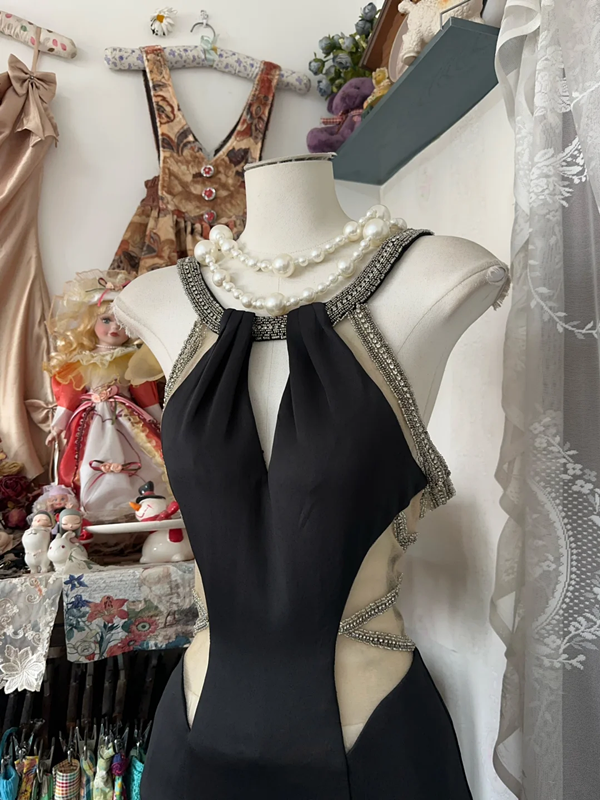 Black suspenders, slim waist, revealing backpack hips, sexy fishtail maxi dress, ball gown R6190