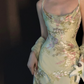 Light green spaghetti‑strap printed waist‑cinched slim‑fit sexy bodycon long prom gown R8014