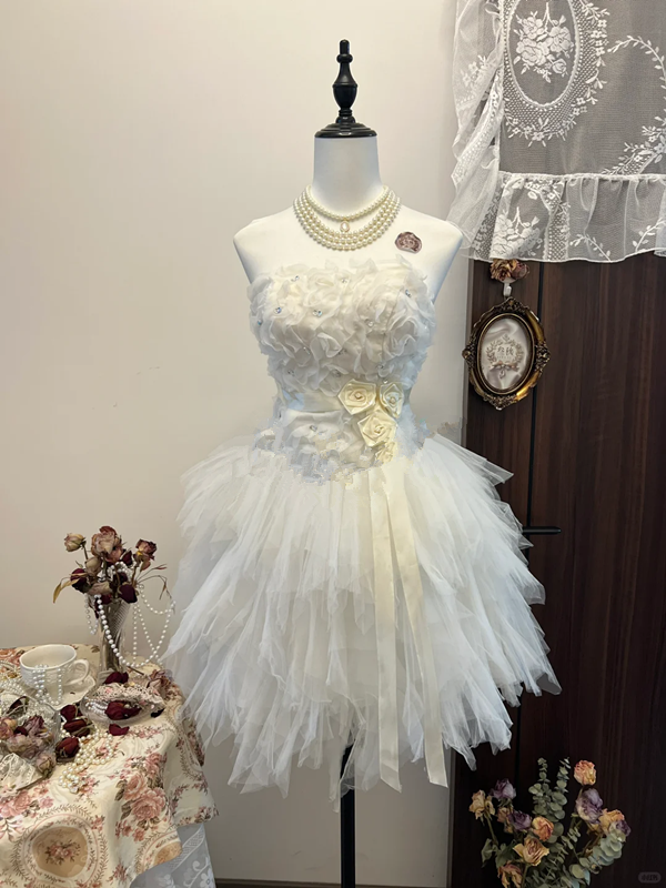 White tube top waist sexy three-dimensional flower design irregular skirt tulle skirt homecoming dress R4287