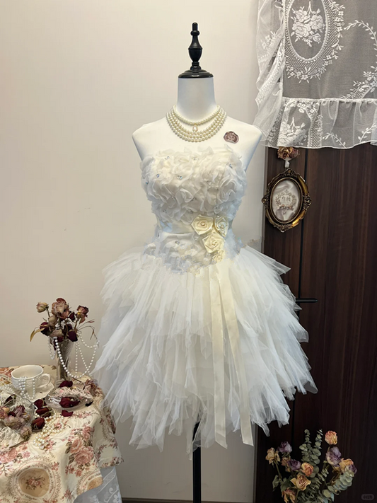 White tube top waist sexy three-dimensional flower design irregular skirt tulle skirt homecoming dress R4287