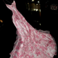 Pink floral print halter top, fitted waist, elegant long ball gown R6988