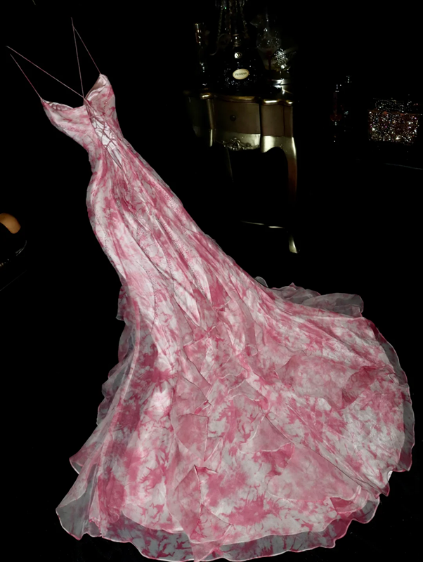 Pink floral print halter top, fitted waist, elegant long ball gown R6988