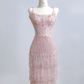 Light pink halter-neck fitted bodycon long ball gown with tassel skirt R8213